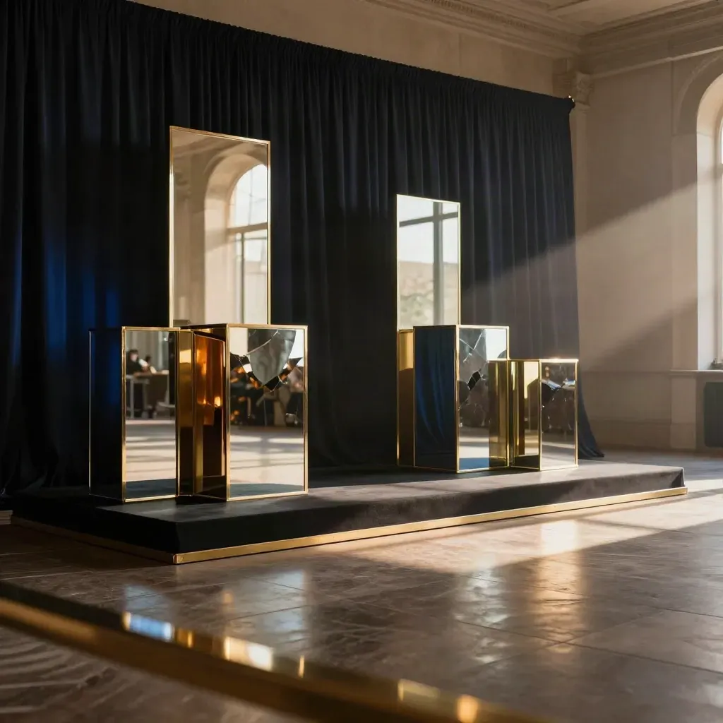 Ingresso di gala scenografico con plinti specchiati, pedane e luci blu notte.