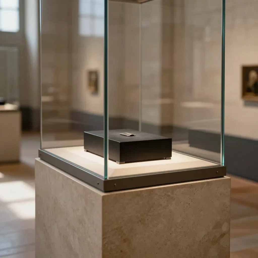 Dettaglio di vetrina museale in pietra chiara con luce calda e accenti neri.