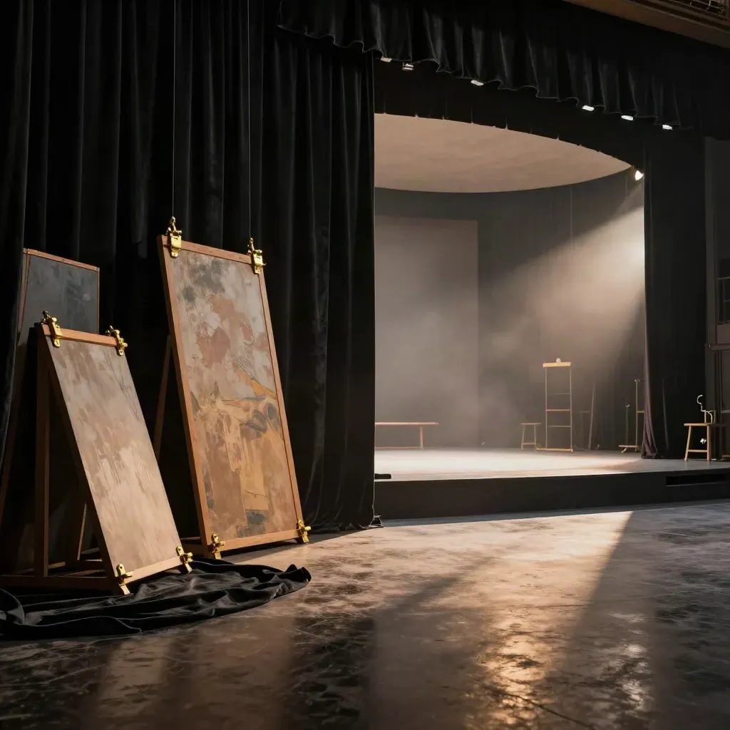 Interno di teatro con quinte nere, flat dipinti, strutture lignee e ciclorama illuminato dalla pioggia.