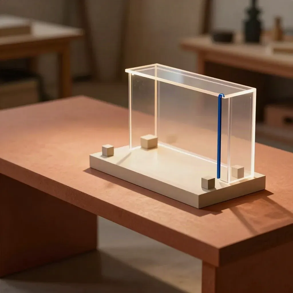 Modello scenico con luci 3D e piani acrilici su banco in terracotta, visto dall’alto obliquo.