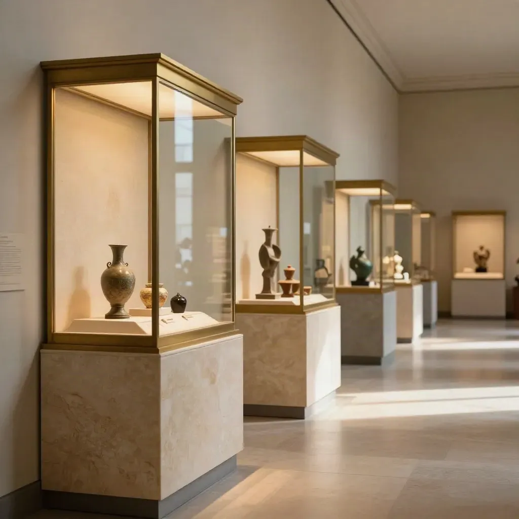 Percorso museale con teche illuminate, plinti in pietra e atmosfera elegante e silenziosa.
