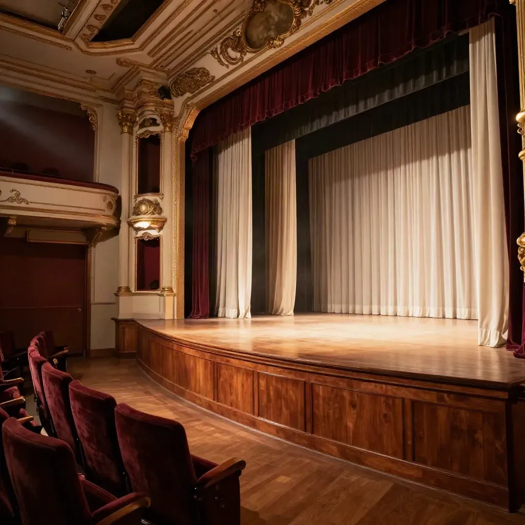 Palco del Teatro Verdi allestito, quinte nuove e platea vuota in luce calda.