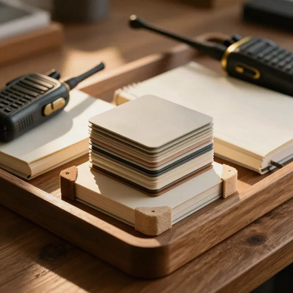 Kit da progetto con campioni colore, proteggi-angoli, taccuino sigillato e walkie-talkie su banco