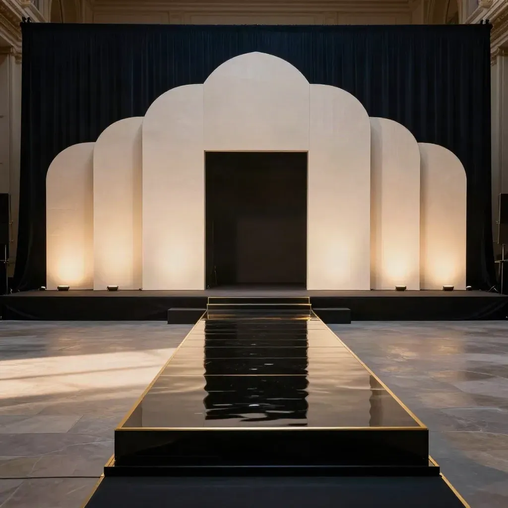 Ingresso di gala moda con passerella nera lucida, gradini oro e fondale scultoreo vuoto.