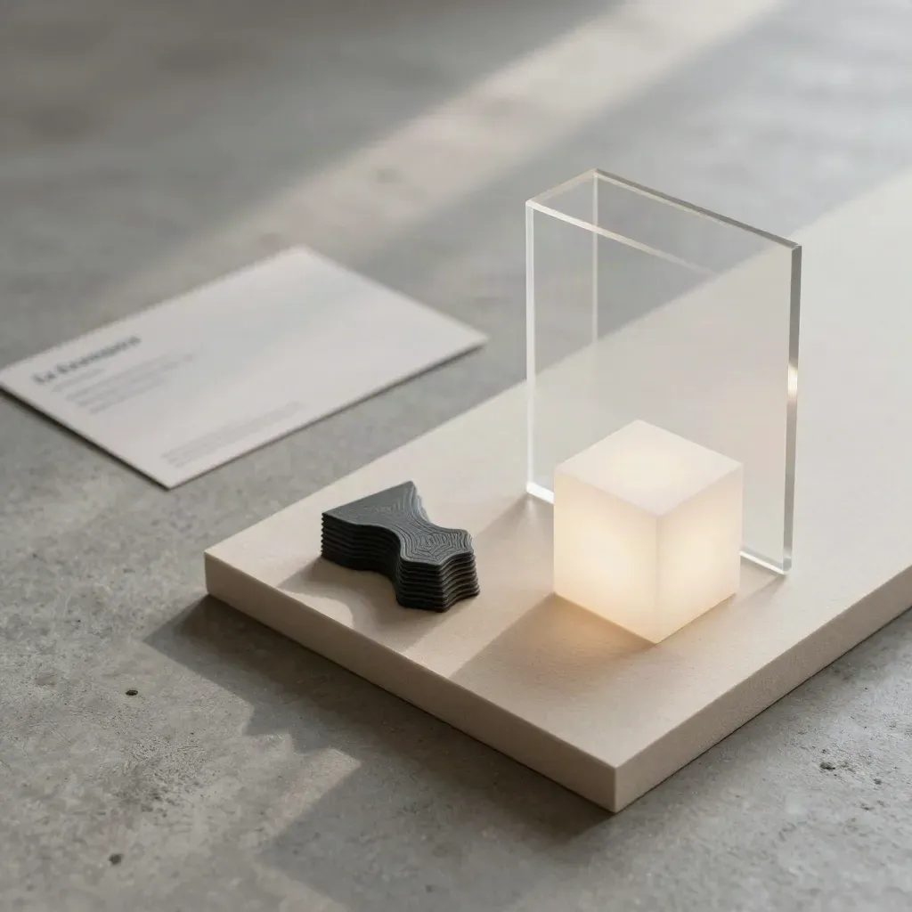 Flatlay dall’alto con volume acrilico, mockup in foam-core e cubo luce su fondo neutro.