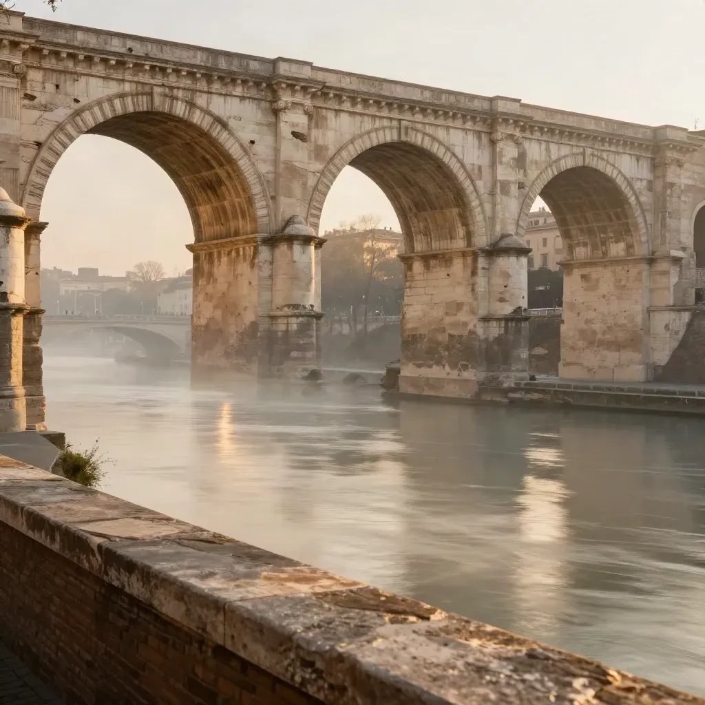 Archi in travertino di Roma al tramonto sopra la foschia del Tevere.