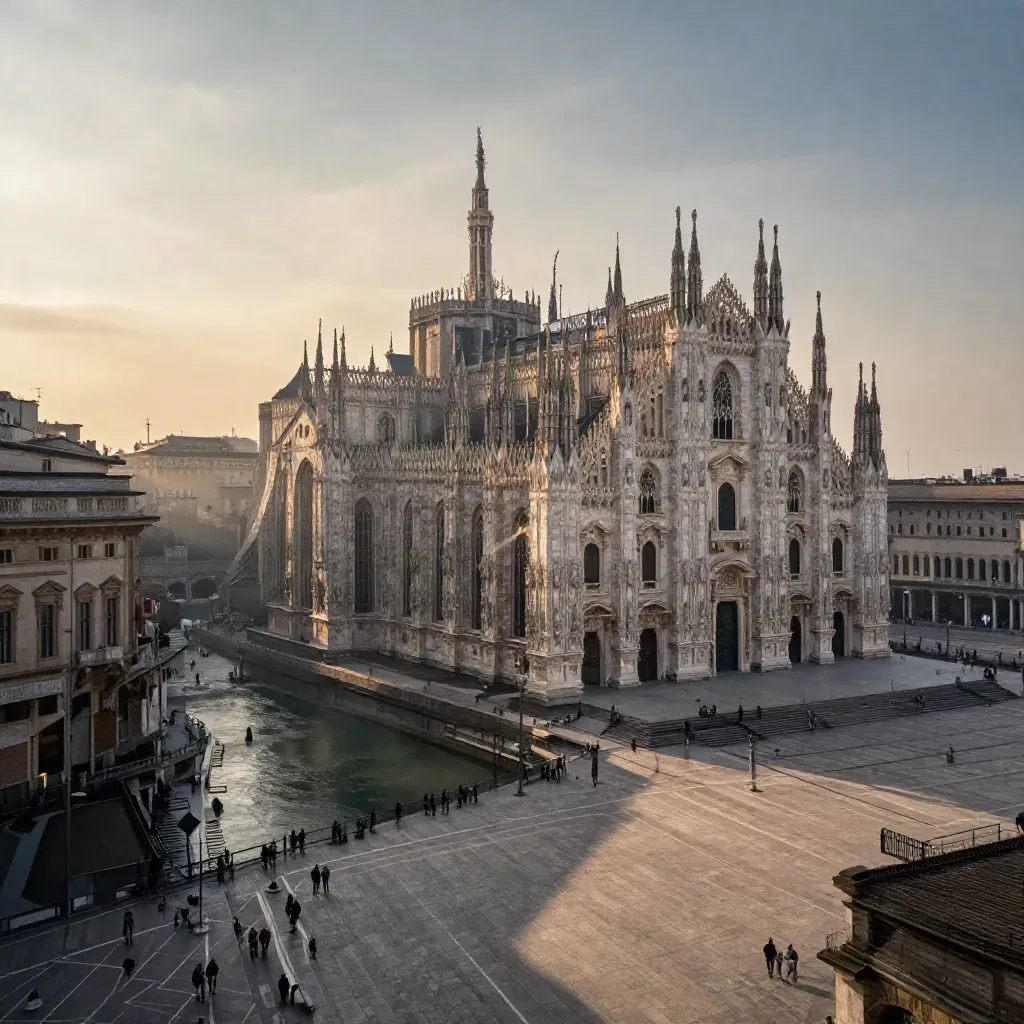 Skyline di Milano con profilo del Duomo e acqua calma nella luce dorata