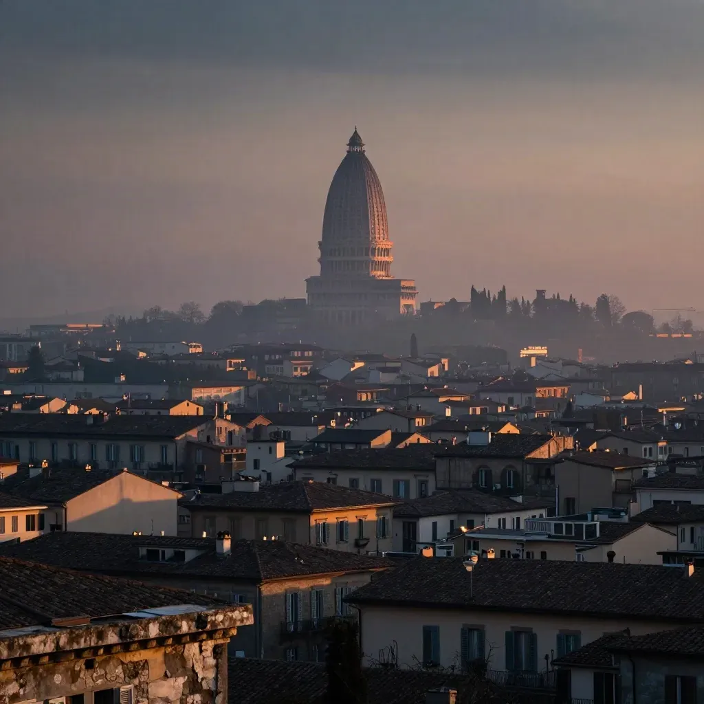 Torino nella foschia con la Mole Antonelliana alta e i tetti di pietra in basso.